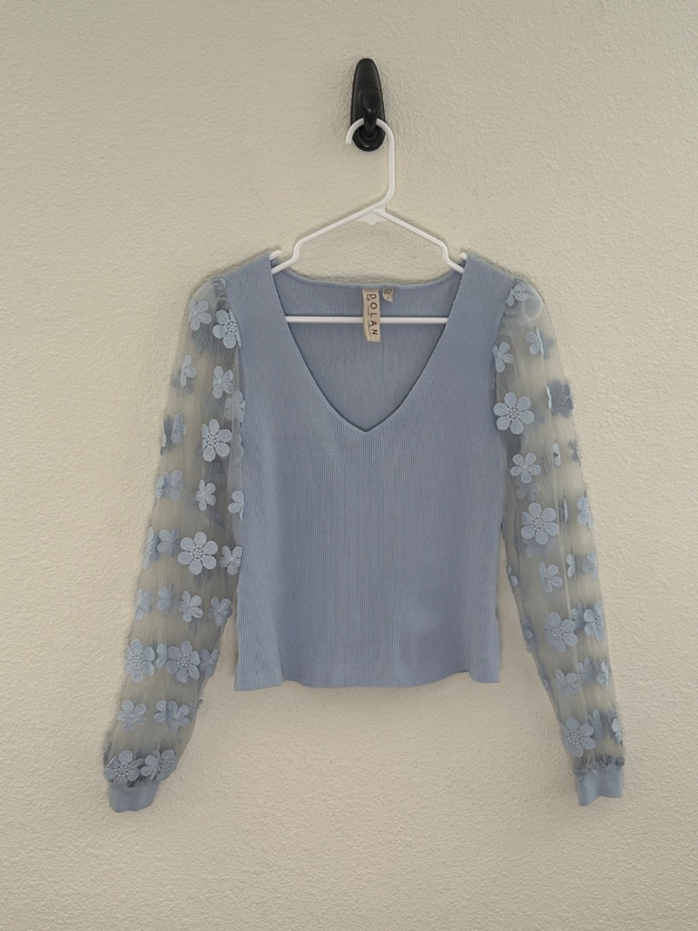 Dolan Sheer-Sleeve Appliqué Puff Sleeve Sweater Boho Small